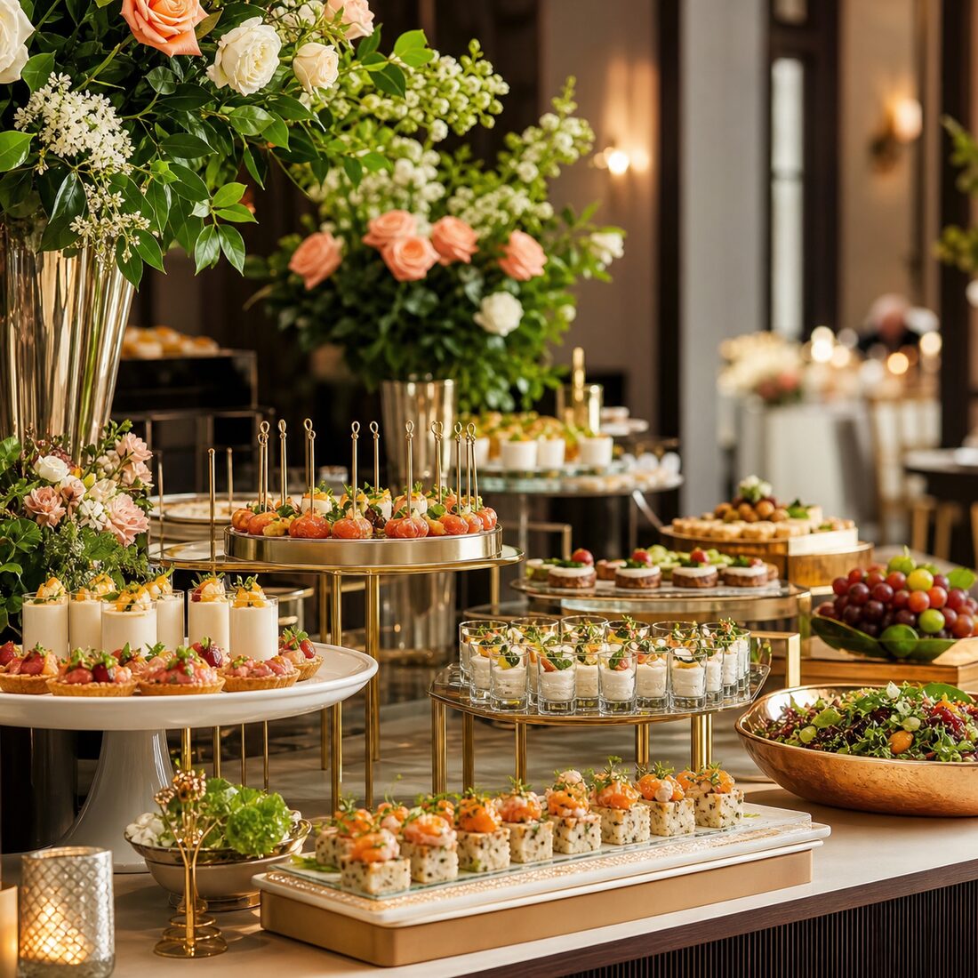 Stylish catering spread with canapes, desserts and floral accents