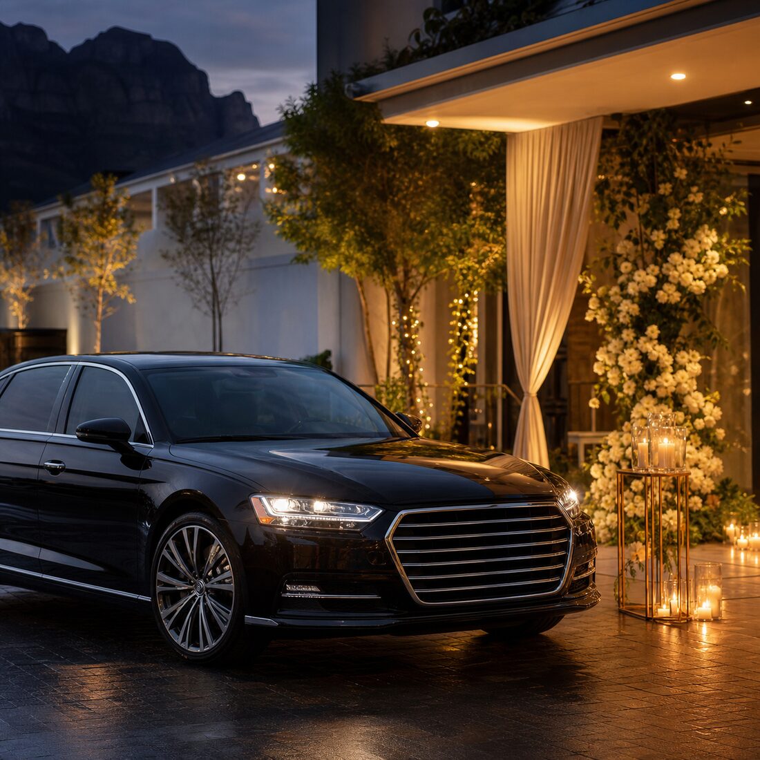 Executive car at an evening event venue entrance